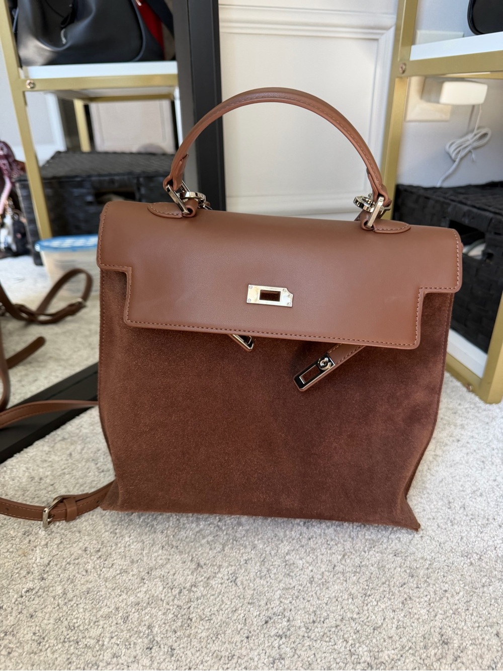 Structured Brown Suede & Leather Top-Handle Backpack